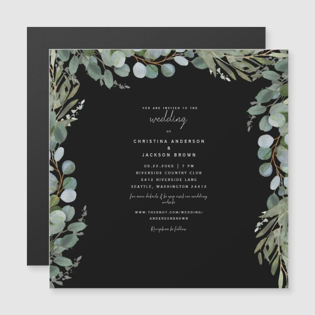 Invitation Magnétique Elégant Eucalyptus Mariage noir II (Devant / Derrière)