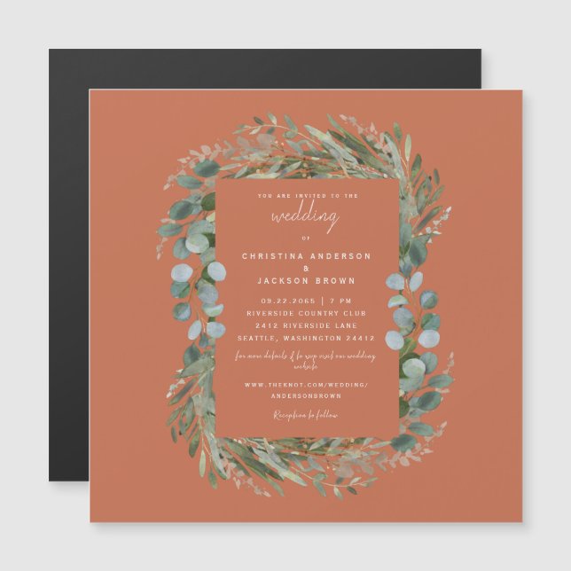 Invitation Magnétique Élégant Eucalyptus Terracotta Mariage magnétique (Devant / Derrière)