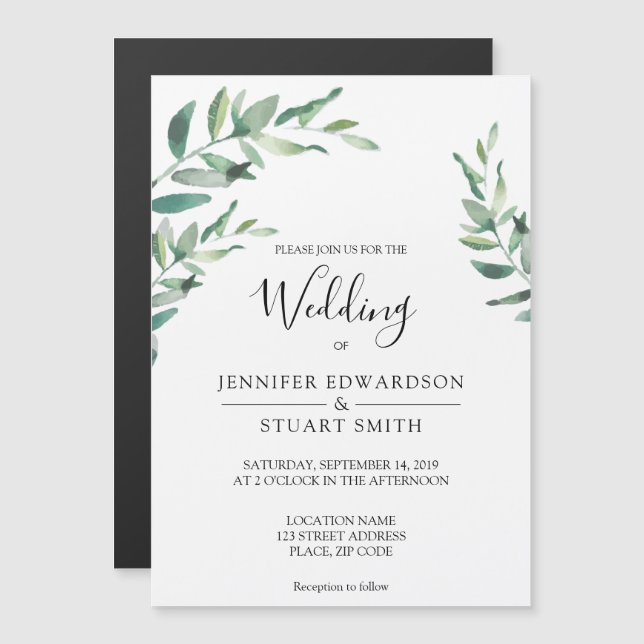Invitation Magnétique Elégant feuille d'aquarelle botanique Mariage (Devant / Derrière)