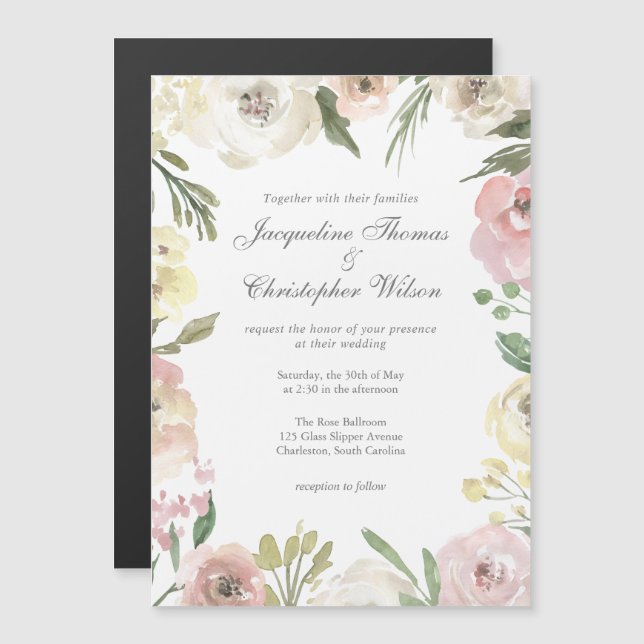 Invitation Magnétique Élégant Floral Blush Peony Mariage rose (Devant / Derrière)