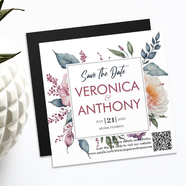 Invitation Magnétique Élégant Floral Enregistrer La Date QR Code Mariage (Save the Date magnetic card with a QR code. Your guests can easily check your wedding details online)