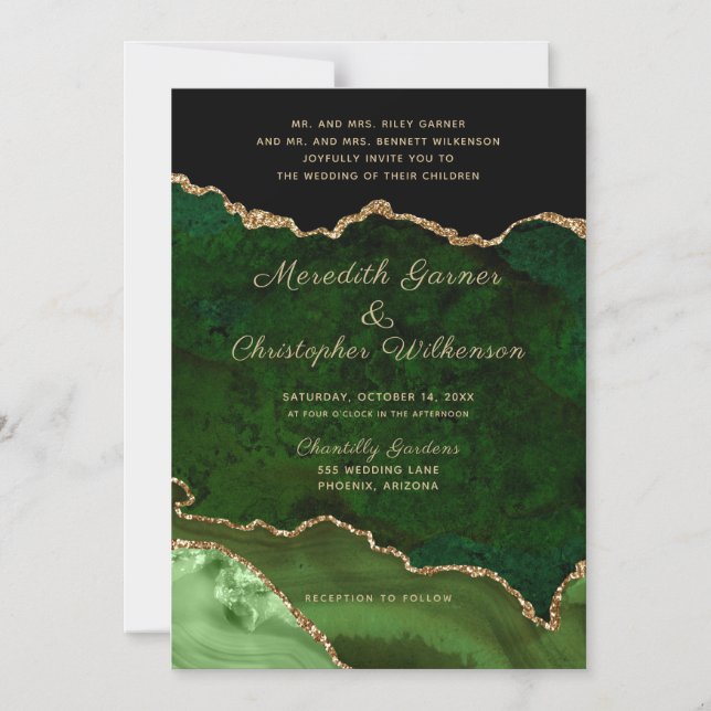Invitation Magnétique Élégant Green Gold Agate Parties scintillant Maria (Recto)