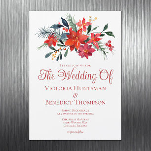 Invitation Magnétique Élégant Mariage de Noël Rouge Poinsettia Floral