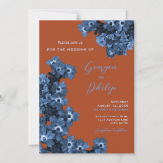 Invitation Magnétique Élégant Mariage en terre cuite et fleurs bleues