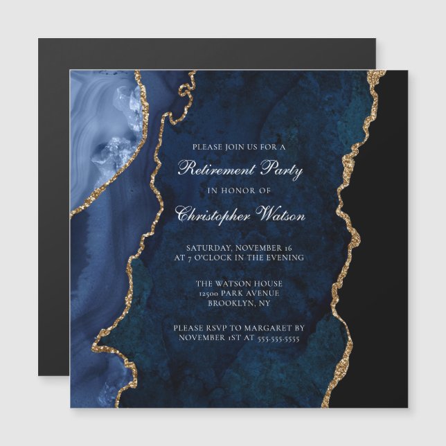 Invitation Magnétique Elégant Marine Blue Gold Agate Retraite Party (Devant / Derrière)