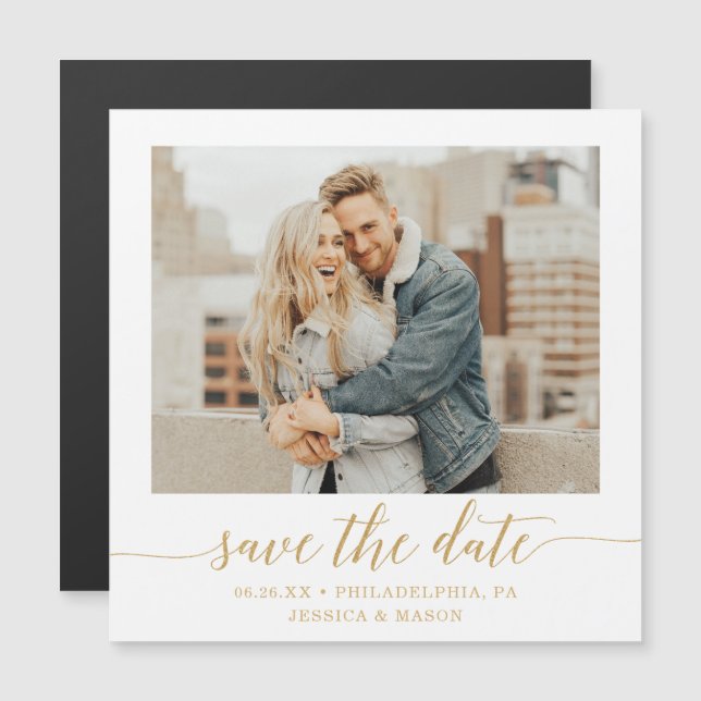 Invitation Magnétique Elégant Minimal Gold Photo Wedding Enregistrer La  (Devant / Derrière)