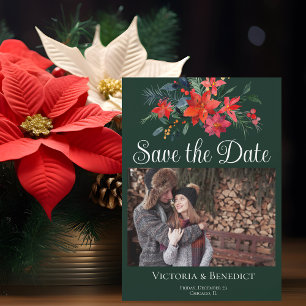 Invitation Magnétique Élégant Noël Poinsettia Photo Enregistrer la date