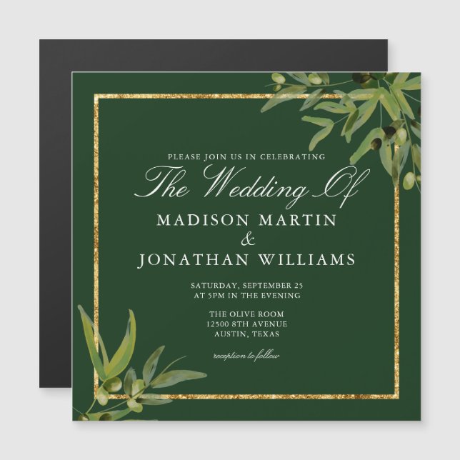 Invitation Magnétique Elégant Olive Green Aquarelle Mariage botanique (Devant / Derrière)