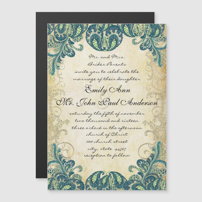Invitation Magnétique Elégant Paisley Peacock Bleu Vert et Or (Devant / Derrière)