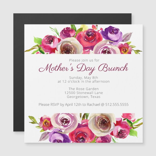 Invitation Magnétique Elégant Pink Floral Aquarelle Mère's Day Brunch (Devant / Derrière)