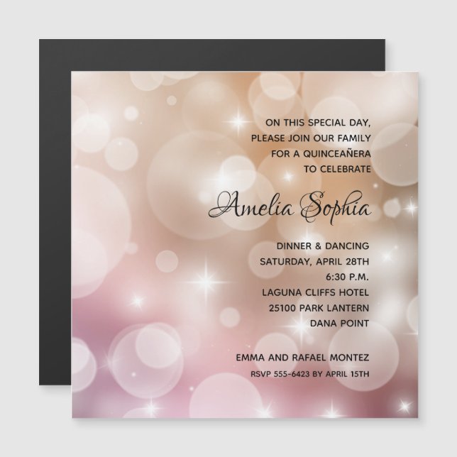 Invitation Magnétique Elégant rose Blush Bokeh Quinceañera (Devant / Derrière)