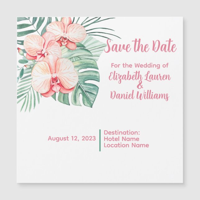 Invitation Magnétique Élégant rose tropicale Enregistrer la date (Devant)