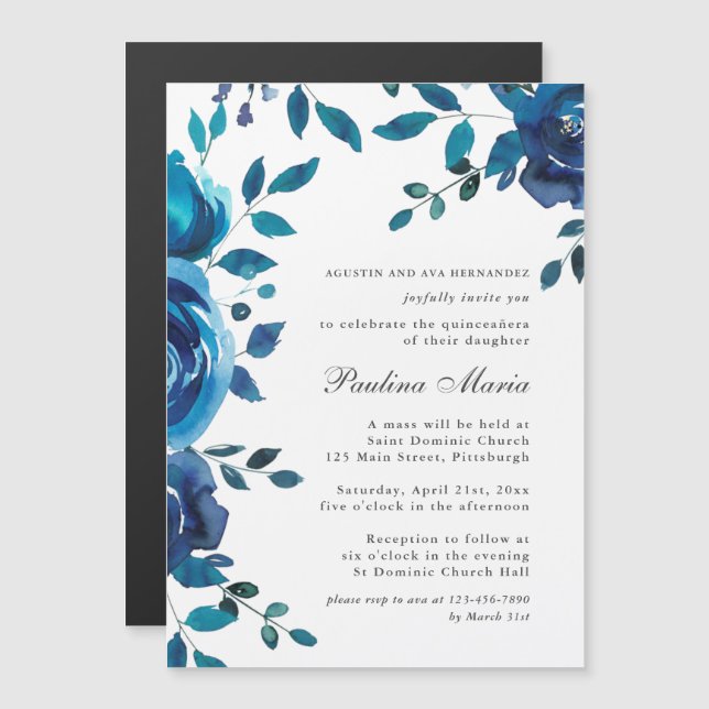 Invitation Magnétique Elégant Royal bleu et blanc Floral Quinceañera (Devant / Derrière)