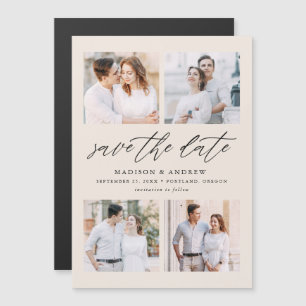 Invitation Magnétique Élégant Script Cream 4 Photo Collage Save The Date