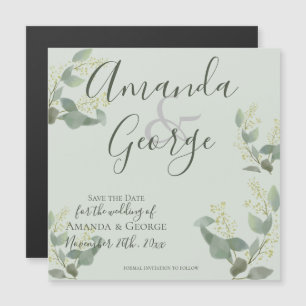 Invitation Magnétique Élégant Script Eucalyptus Feuilles Enregistrer La 