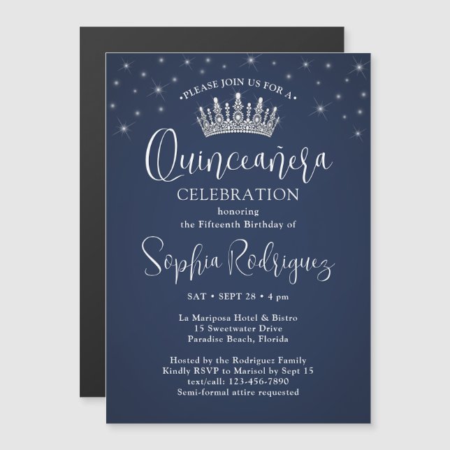 Invitation Magnétique Elegant Sparkles Quinceañera Crown Navy Blue (Devant / Derrière)