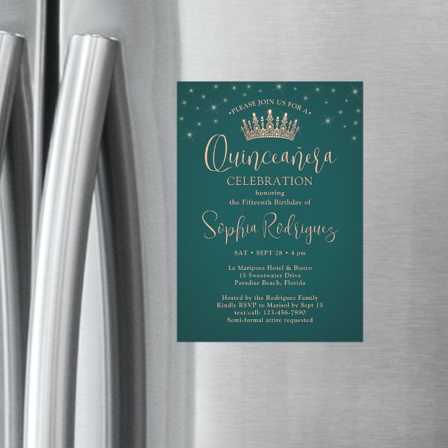 Invitation Magnétique Elegant Sparkles Rose Gold Quinceañera Crown Green (Créateur téléchargé)
