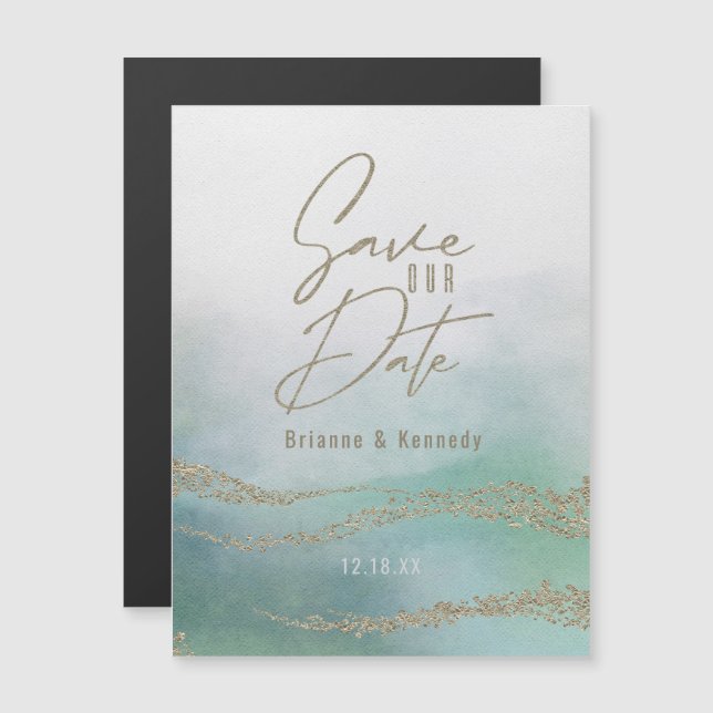 Invitation Magnétique Elégante aquarelle Aqua Ocean & Gold Enregistrer l (Devant / Derrière)