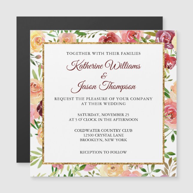 Invitation Magnétique Elégante Aquarelle Bourgogne Florale Peony Gold (Devant / Derrière)