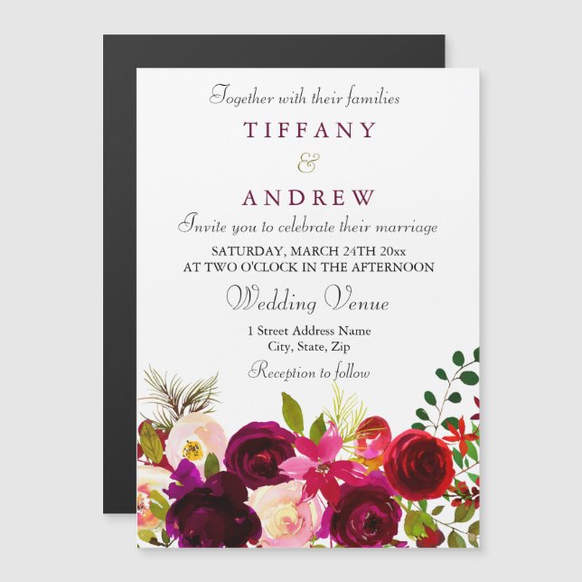 Invitation Magnétique Elégante Bourgogne Floral Mariage magnétique Invit (Devant / Derrière)