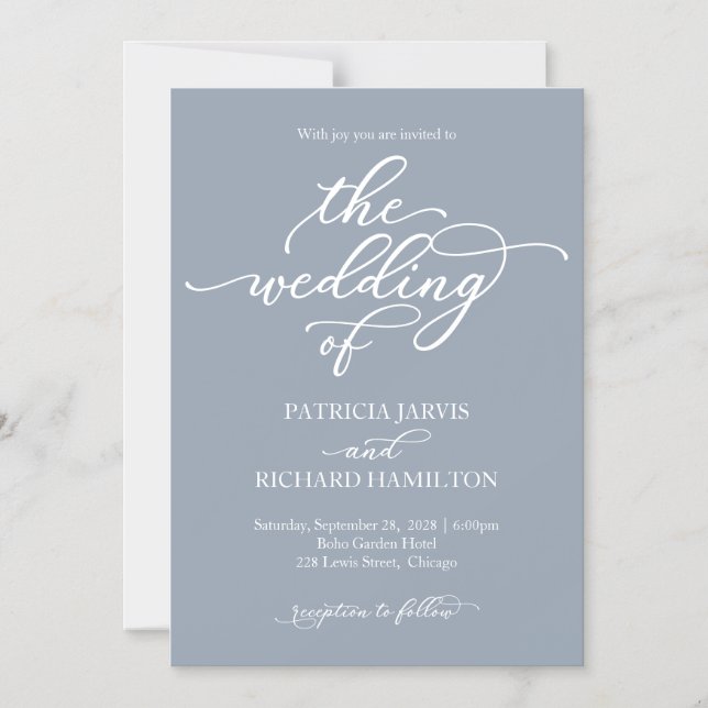 Invitation Magnétique Élégante calligraphie Dusty Blue Mariage (Recto)