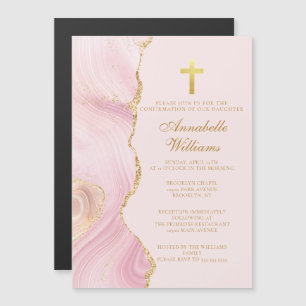 Invitation Magnétique Élégante Confirmation Cross Pink Gold Agate Party