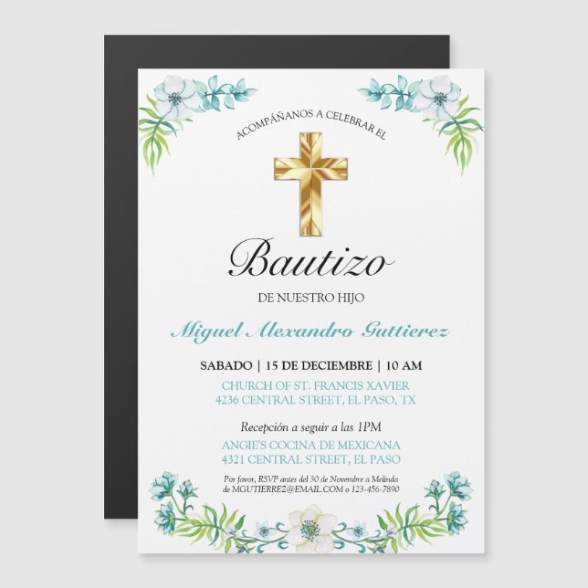 Invitation Magnétique Elegante Cruz y Flores Para Niño Bautizo (Devant / Derrière)