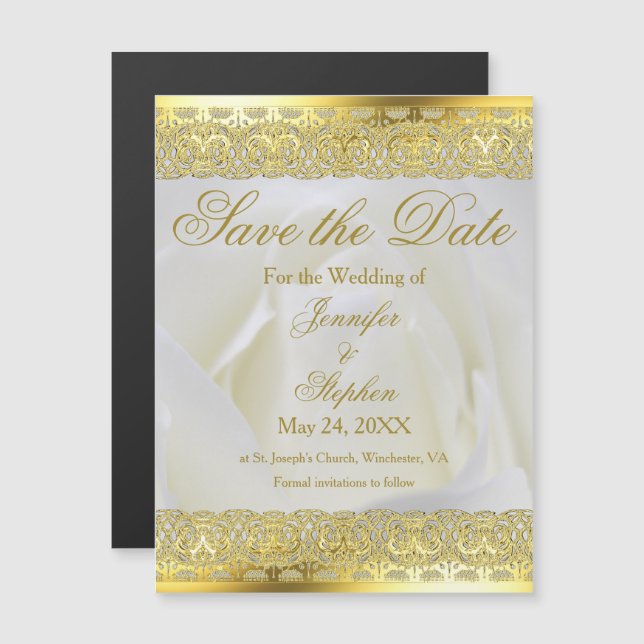 Invitation Magnétique Elégante dentelle or Rose blanche Mariage Enregist (Devant / Derrière)