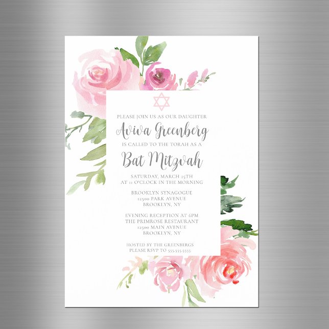 Invitation Magnétique Élégante fête Bat mitzvah d'aquarelle rose (Créateur téléchargé)