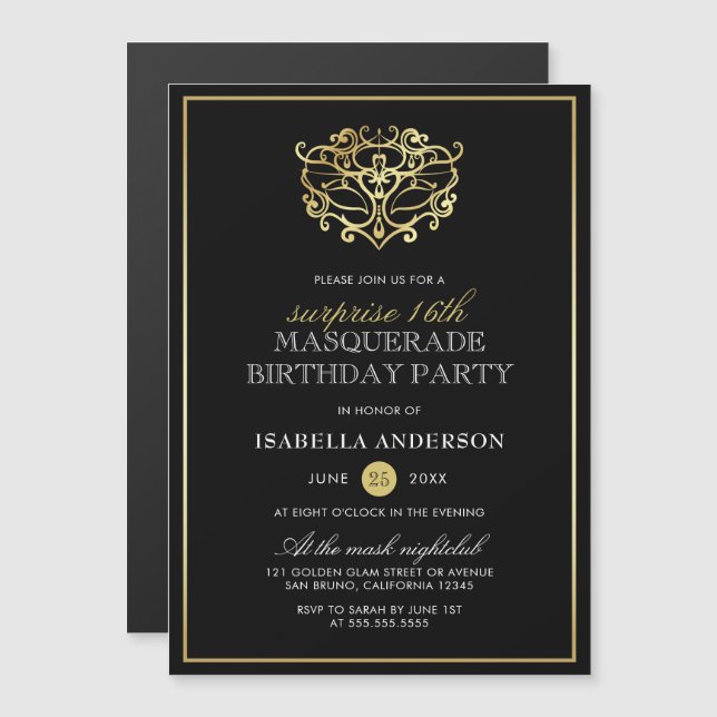 Invitation Magnétique Élégante fête de la surprise de la mascarade noire (Devant / Derrière)