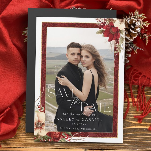 Invitation Magnétique Élégante photo florale de Noël Sauvez la date (Créateur téléchargé)