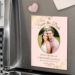 Invitation Magnétique Élégante Photo Ovale de Mariage 'Save the Date' Ro