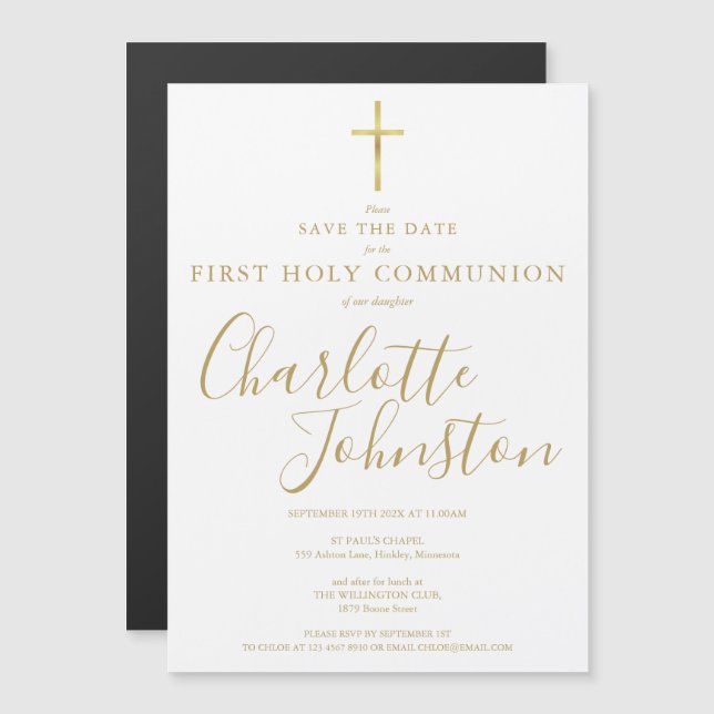 Invitation Magnétique Élégante Première Sainte Communion Signature or En (Devant / Derrière)