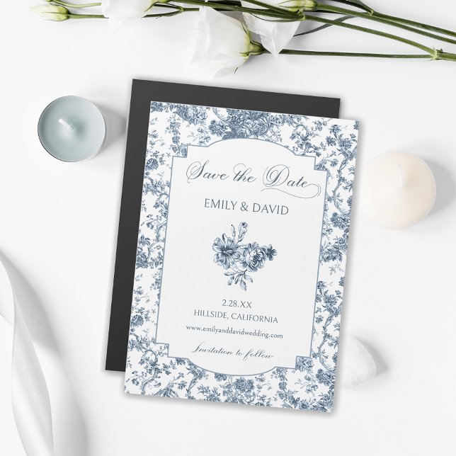 Invitation Magnétique Élégante toile Florale Bleue Française Gravée (Créateur téléchargé)