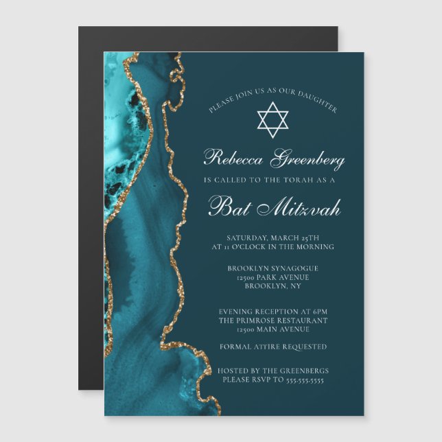 Invitation Magnétique Elégante Turquoise Gold Agate Bat mitzvah Party (Devant / Derrière)