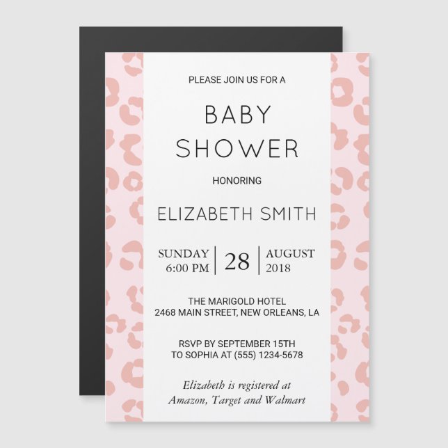 Invitation Magnétique Empreinte de léopard, Spots, léopard rose, Baby sh (Devant / Derrière)