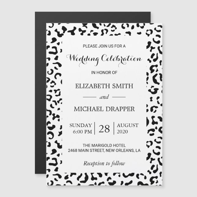 Invitation Magnétique Empreinte de léopard, Spots, noir et blanc, Mariag (Devant / Derrière)