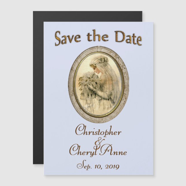 Invitation Magnétique Enregistrer la date Antique Mariée Bleu (Devant / Derrière)