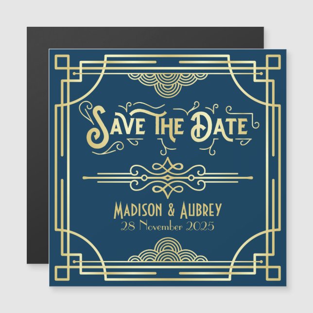 Invitation Magnétique Enregistrer la date Art Déco Gatsby Glamor Gold Bl (Devant / Derrière)