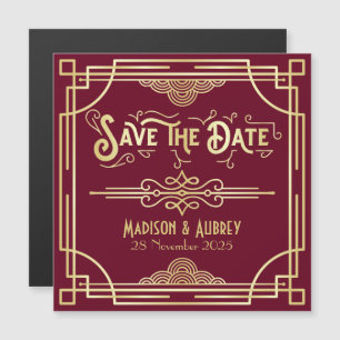 Invitation Magnétique Enregistrer la date Art Déco Gatsby Gold Burgundy
