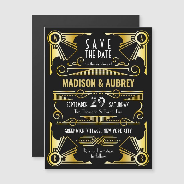 Invitation Magnétique Enregistrer la date Gatsby Mariage Art Déco Gold B (Devant / Derrière)