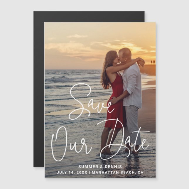 Invitation Magnétique Enregistrer notre date Elegant Script Photo Enregi (Devant / Derrière)
