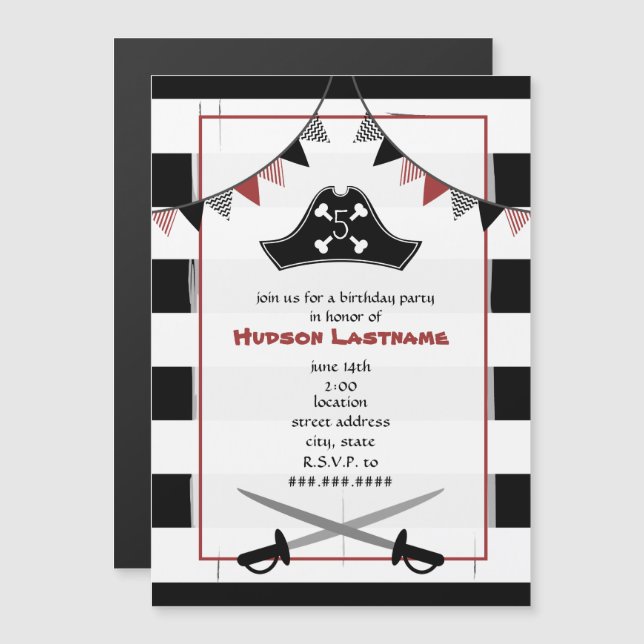 Invitation Magnétique Épée de chapeau de pirate Anniversaire (Devant / Derrière)