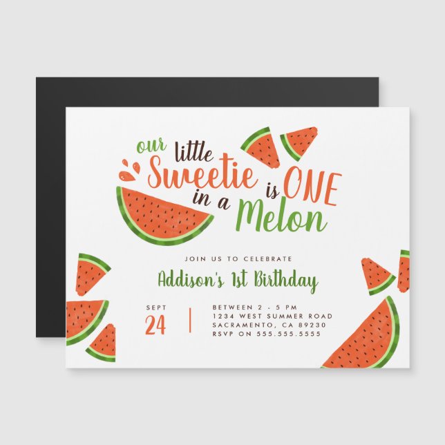 Invitation Magnétique Eté Moderne Pastèque Un Dans Un Melon Anniversaire (Devant / Derrière)