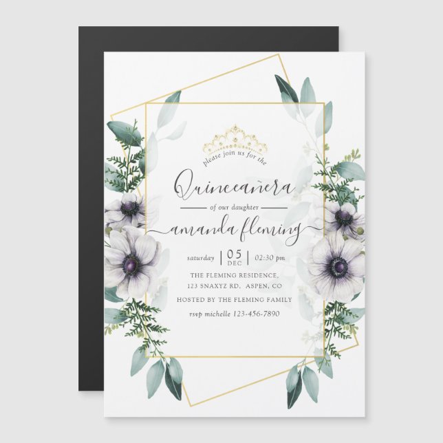 Invitation Magnétique Eucalyptus Floral Géométrique Quinceañera (Devant / Derrière)