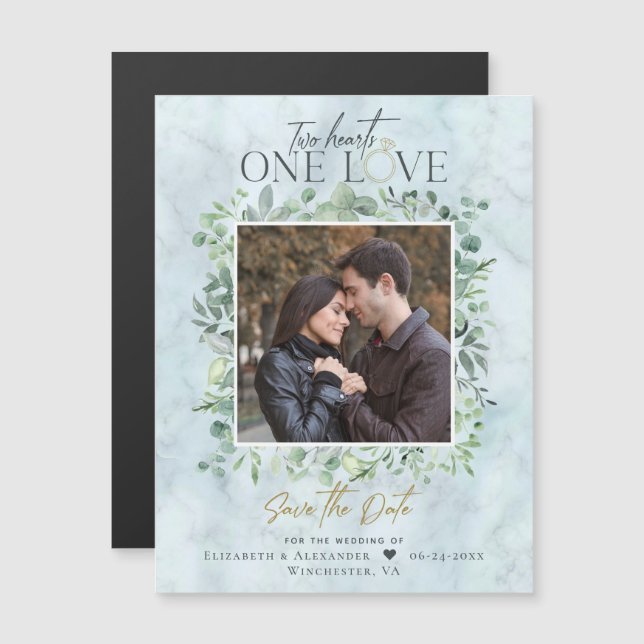 Invitation Magnétique Eucalyptus Marbre photo mariage Enregistrer la dat (Devant / Derrière)