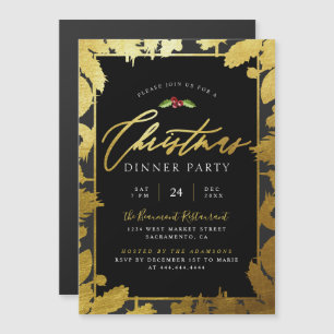 Invitation Magnétique Festive Gold Foil & Black Christmas Dinner Party