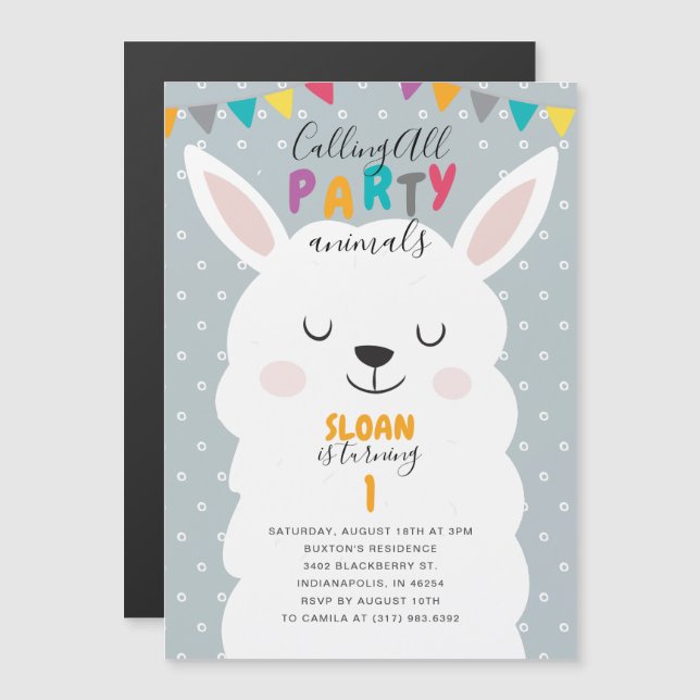 Invitation Magnétique Fête d'anniversaire de la Cute Blue Lama (Devant / Derrière)