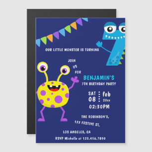 Invitation Magnétique Fête d'anniversaire du petit garçon monstre 7 ans