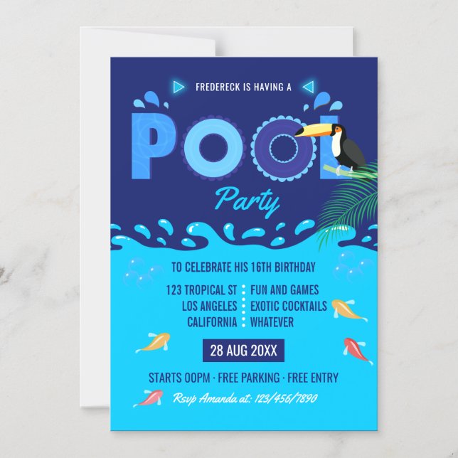 Invitation Magnétique Fête d'anniversaire estivale piscine Bleu Royal (Recto)
